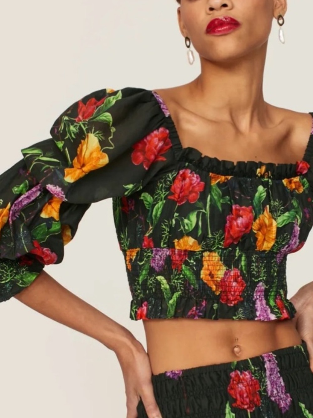 Charo Ruiz Nardo Floral Puff Sleeve smocked Crop Top M 6219